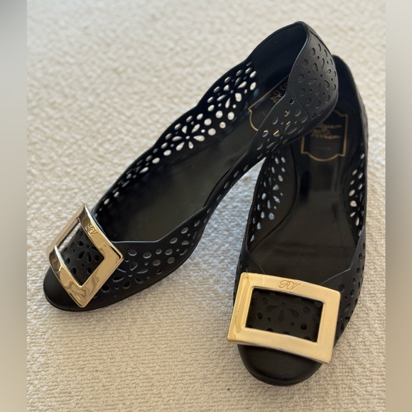 Roger Vivier Shoes - Roger Vivier Black Perforated Flats with Gold Buckle Detail